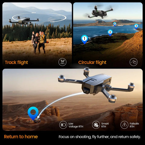 Dope 4K Camera Drone For Adults With FAA Compliant Remote ID Module in flight modes: track, circular, and return to home mode.