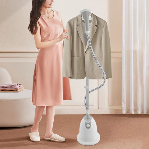 Effortless Standing Garment Steamer With Ironing Board, Adjustable Height, 1.4L Water Tank, High Steam Output, White in use