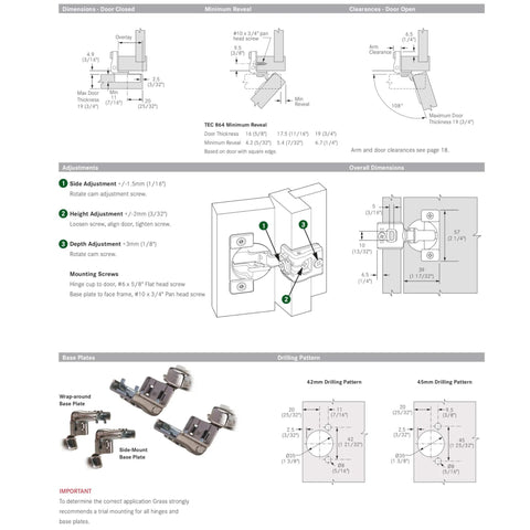 Diagram of Premium USA Made 108 Degree 1-1/4 Inch Overlay Self Close Screw-On Compact Cabinet Hinge with adjustment features