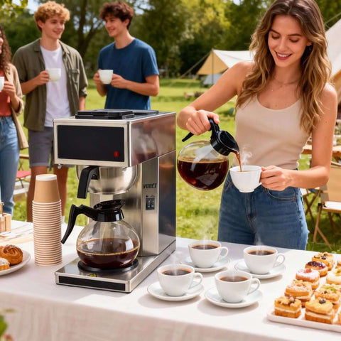 Heavy Duty 1610W 12 Cup Drip Coffee Maker Workhorse With Two Glass Carafes And Warmers Stainless Steel Housing And Funnel Commercial Grade Brewer For Offices Hotels And Home Use in outdoor setting with people enjoying coffee