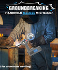 Person using 100Amp Handheld MIG Welder Gasless Flux MIG Welding Machine in workshop, focus keyword included.