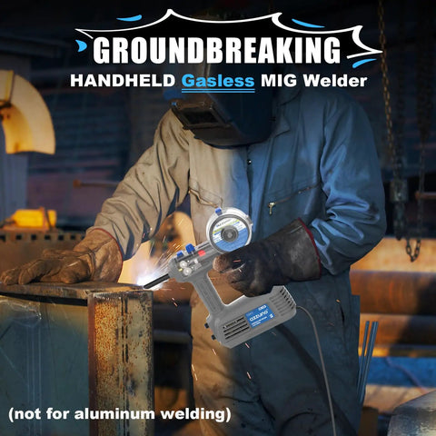 Person using 100Amp Handheld MIG Welder Gasless Flux MIG Welding Machine in workshop, focus keyword included.