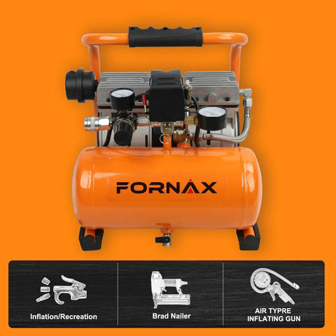 Fornax Ultra Quiet Air Compressor 1.3 Gallon Oil-Free Portable Unit With 1HP Motor And 65dB Silent Operation Ideal For Tire Inflation Nail Gun Garage Projects And Bike Maintenance At Max 125 PSI Power