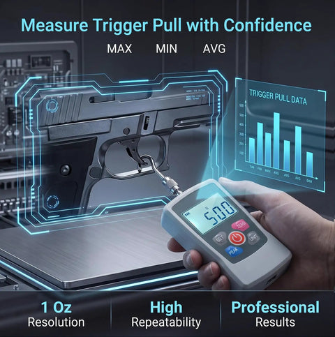 Beefy 500N Digital Force Gauge With Real Time, Peak And First Peak Modes For Tension And Compression Testing, Backlit LCD Screen, Four Units N Kg Lb Oz, High Precision Inner Sensor, Easy Trigger Pull For DIY, Lab Or Workshop. digital force gauge measuring trigger pull on a pistol