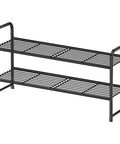 Two Tier Metal Shoe Rack Organizer For Closet And Garage, 27 Inch Wide, Stackable Space Saver, Black, Two Shelves On Display