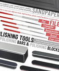 All In One Model Tools Kit For Beginners And Pros, 50 Piece DIY Hobby Craft Set For Cars Planes Buildings Robots And Gundam Models, Easy Build And Repair Tools For Toys And Displays showing sandpapers, files, and polishing tools.