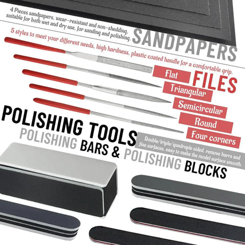 All In One Model Tools Kit For Beginners And Pros, 50 Piece DIY Hobby Craft Set For Cars Planes Buildings Robots And Gundam Models, Easy Build And Repair Tools For Toys And Displays showing sandpapers, files, and polishing tools.