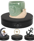 Foxvee 360 Degree Silent Rotating Display Stand Speed Adjustable Motorized Turntable with snail ceramic cup and assorted decor.