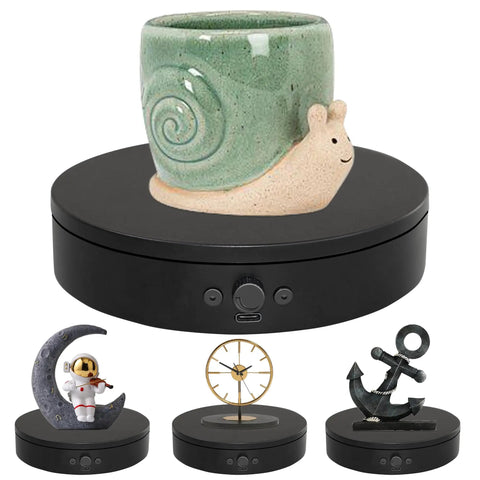 Foxvee 360 Degree Silent Rotating Display Stand Speed Adjustable Motorized Turntable with snail ceramic cup and assorted decor.