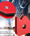 Heavy Duty 5 Inch Welding Magnetic Holder With Strong 75 Lbs Grip For Metal Fabrication Projects, red tool at various angles.