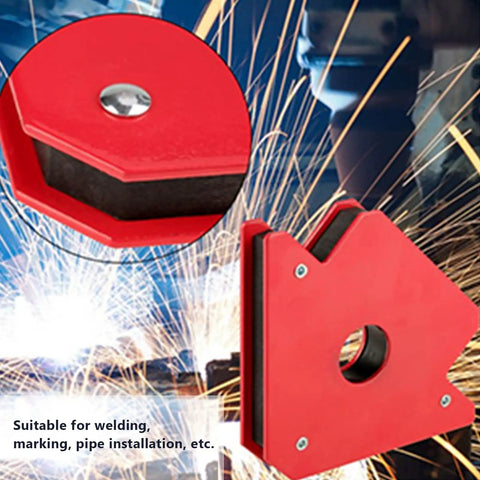 Heavy Duty 5 Inch Welding Magnetic Holder With Strong 75 Lbs Grip For Metal Fabrication Projects, red tool at various angles.