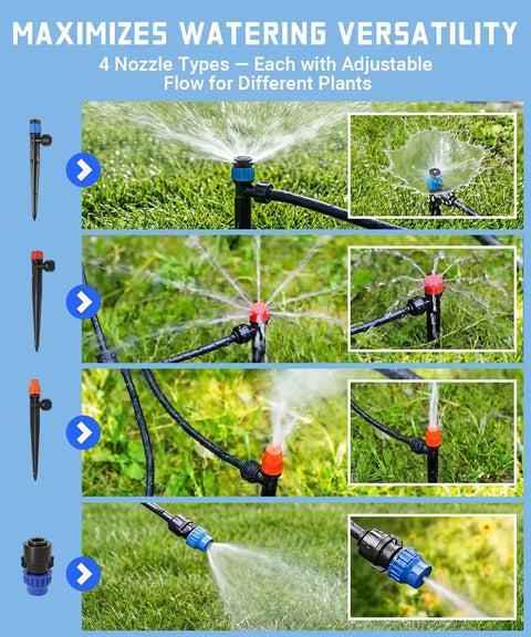 237 Feet Quick Connect Drip Irrigation Kit With 40 Adjustable Nozzles spraying water on lawn, showcasing different nozzle types.