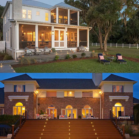 Elegant homes with 12V Low Voltage Waterproof IP67 Warm White Recessed Deck Lights Kit illuminating wooden patio and steps