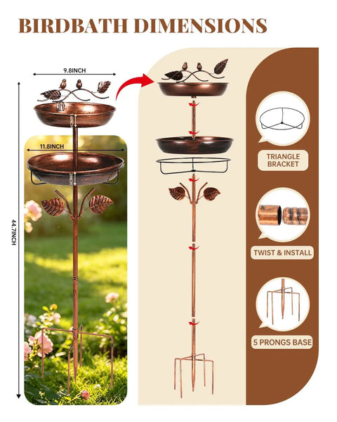 Two In One Metal Bird Bath And Feeder For Outdoor Gardens, Vintage Bronze Free Standing Yard Decor with dimensions shown