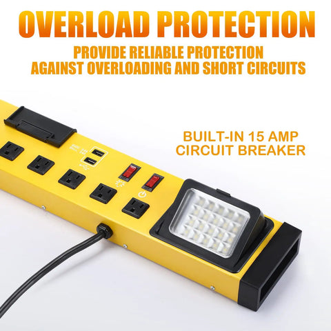Heavy Duty Six Outlet Power Strip With Bright Led Worklight And Dual Usb Charging Ports For Fast Device Connections, yellow power strip.