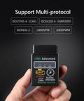 Hand holding OBD2 Bluetooth Diagnostic Scanner For Android Car Stereo Head Units with multi-protocol support labels