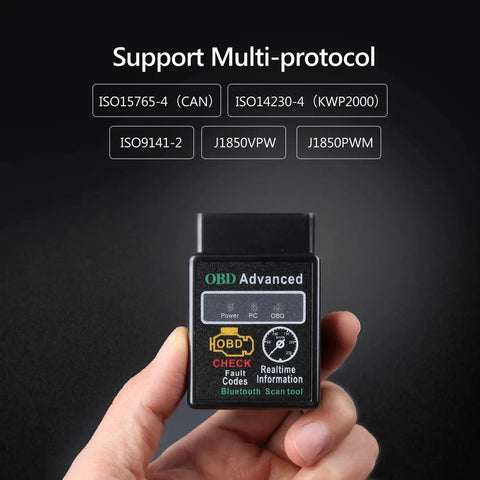 Hand holding OBD2 Bluetooth Diagnostic Scanner For Android Car Stereo Head Units with multi-protocol support labels
