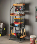 Three-Tier Fishing Rod Rack With Pegboard Hooks And Wooden Top Box, rolling organizer holding 12 rods, tackles, and gear in garage.