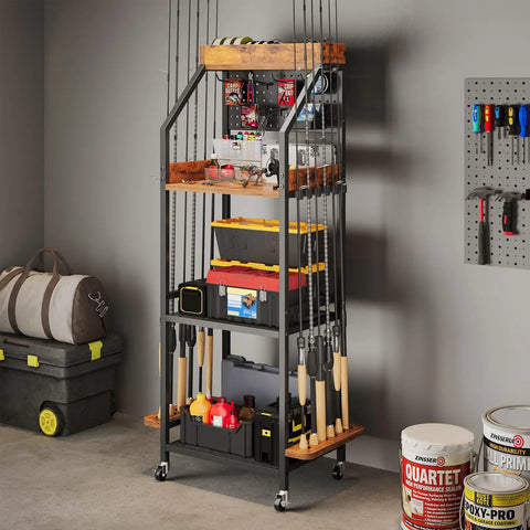 Three-Tier Fishing Rod Rack With Pegboard Hooks And Wooden Top Box, rolling organizer holding 12 rods, tackles, and gear in garage.