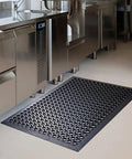 Anti Fatigue Rubber Floor Mat For Restaurant And Kitchen Durable Drainage Outdoor Doormat No Slip For Bars And Commercial Use Black 36 By 60 Inches Heavy Duty Workhorse Non Slip Entrance Mat For High Traffic Areas in kitchen setting.