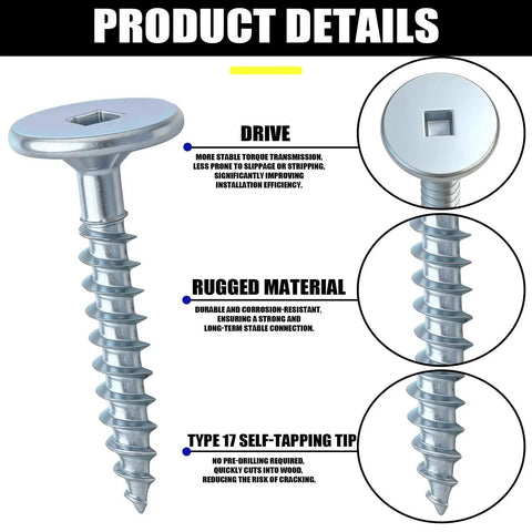 Pro Grade 1 1/4 Inch Cabinet Screws With T20 Square Drive showing self-tapping tip and rugged material details.