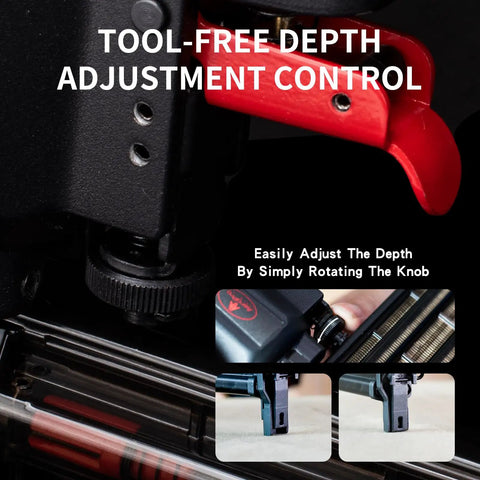 Pro Grade 18 Gauge Pneumatic Brad Nailer And Air Powered 2 In 1 Staple Gun Kit showing tool-free depth adjustment knob for easy finetuning.