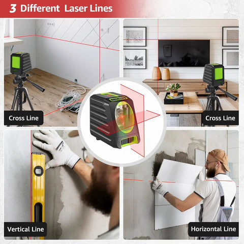 Self Leveling Laser Level With 150 Feet Range Pulse Mode Red Cross Line 150 Degree Vertical And 130 Degree Horizontal Projection 360 Degree Magnetic Base IP54 Dust And Water Resistant Indoor And Outdoor Layouts Pro Grade Tool in use displaying cross, vertical, and horizontal lines