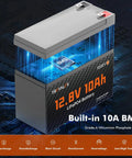 12V 10Ah LiFePO4 Battery With Built-In 10A BMS, showcasing structure and features over digital tech background