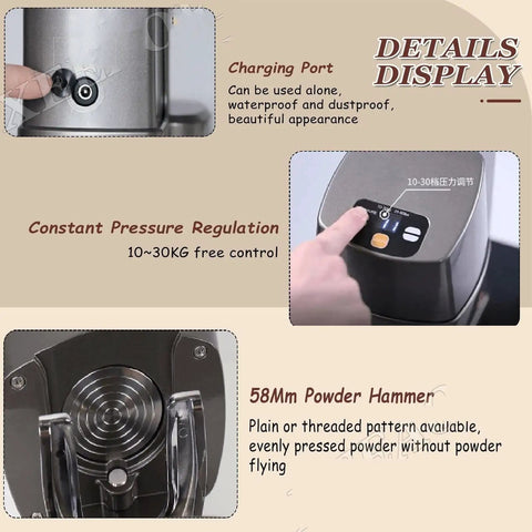 WLYPE Automatic Coffee Press With Adjustable Pressure 10-30kg, Electric Espresso Tamper showing charging port and pressure regulation features.