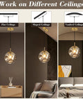 Modern Smoke Gray Glass Globe Pendant Light 3 Pack, 7.87" Hardwired Brass Pendant from different ceiling angles.