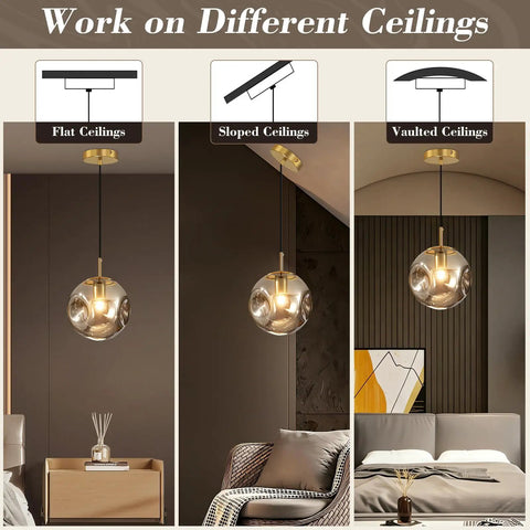 Modern Smoke Gray Glass Globe Pendant Light 3 Pack, 7.87" Hardwired Brass Pendant from different ceiling angles.