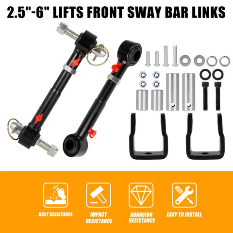 Adjustable front sway bar links for Jeep TJ/XJ (2 pc), black with red adjustment knobs and mounting hardware