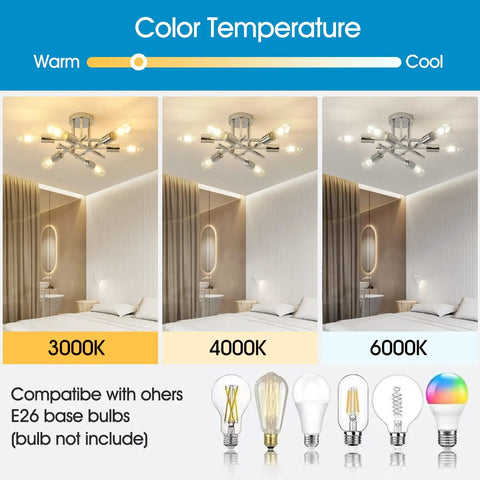 Six-Light Modern Sputnik Chandelier With Chrome Finish For Dining Room Bedroom Hallway Kitchen And Office semi flush mount
