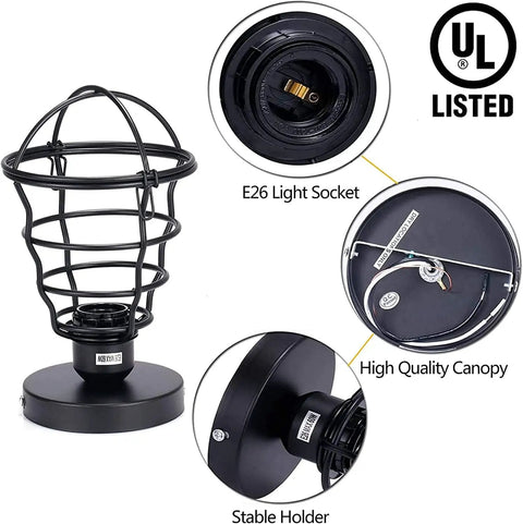 Vintage Semi Flush Mount Ceiling Light In Industrial Black Metal Cage, UL Listed, detailing E26 socket and canopy.