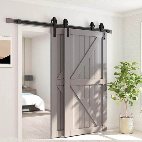 Hard Wearing Sliding Barn Door Track Hardware Kit For Tight Spaces Black Powder Coated 6mm Carbon Steel With Ultra Quiet Rollers And Bypass Option