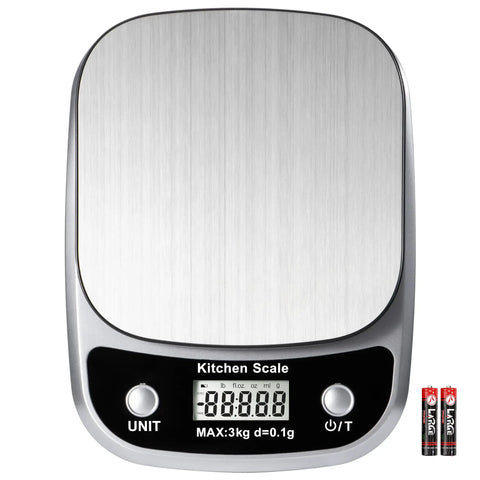 Compact Digital Kitchen Scale For Precise Weighing In Grams And Ounces, 3000g Capacity With 0.1 g And 0.01 Oz Increments, stainless steel top
