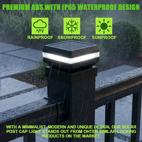 Top Shelf Solar Post Cap Lights 8 Pack Offering Easy Swap Between 3000K And 6000K Led on a rainy day with waterproof design.