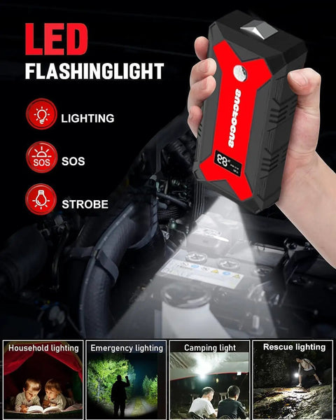 Hand holding Beast 4000A Car Jump Starter Portable Jump Box With USB QC3 LED Light And Jump Cables, compact design.