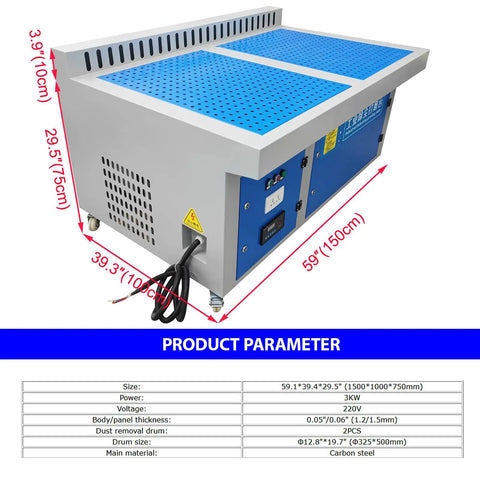 Heavy Duty Metalworking Downdraft Table Dust Collector With Multi Side Suction Panels For Shop Debris That Knocks Out Fine Dust Easy And Runs Super Smooth, showing dimensions and design.