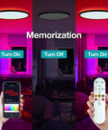 Three settings of Lit RGB Ceiling Light With Music Sync Remote Control Alexa WiFi And Tuya App 14 Inch Dimmable Flush Mount LED Fixture In Black Gold For Bedroom And Living Room shown with remote and app control options.