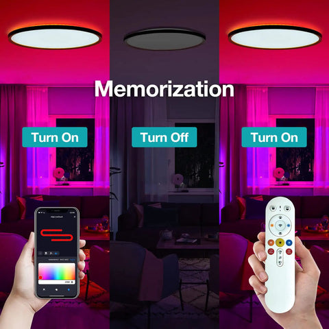 Three settings of Lit RGB Ceiling Light With Music Sync Remote Control Alexa WiFi And Tuya App 14 Inch Dimmable Flush Mount LED Fixture In Black Gold For Bedroom And Living Room shown with remote and app control options.