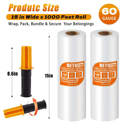 Beefy Heavy Duty Stretch Wrap 15 Inch By 1000 Feet 2 Pack Pallet Wrap For Moving Shipping Storage And Furniture With Handles