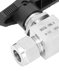 Needle valve, 304 stainless steel, 2-way flow control with threaded ports.