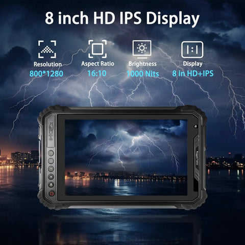 8 inch HD IPS display of Built Like A Tank 8 Inch Windows 11 Pro Rugged Tablet showing resolution and brightness specs.