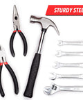 160 Piece General Household Hand Tool Set Kit With Plastic Toolbox And Electrician Tools For Everyday Home Repairs DIY Projects Perfect Starter Kit For Any Weekend Warrior Who Wants Real Quality And Convenience, featuring pliers, hammer, and wrenches on white background.