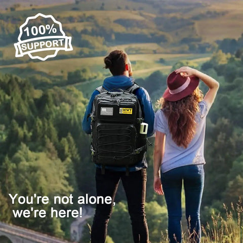 Man wearing Tactical Backpack For Work And Outdoors, 40L Heavy Duty Rucksack with MOLLE in a scenic hiking area with woman