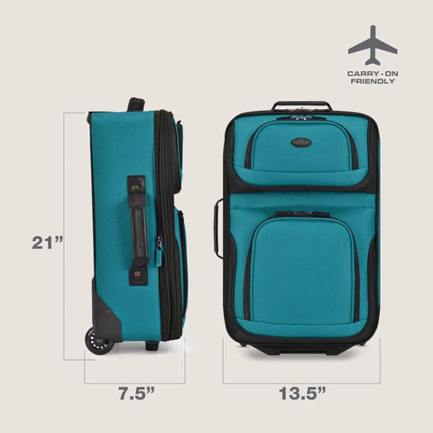 Teal Lightweight Softside Carry On Roller Luggage With 2 Wheels Deluxe Retractable Push Button Self Locking Handle Corner Protected