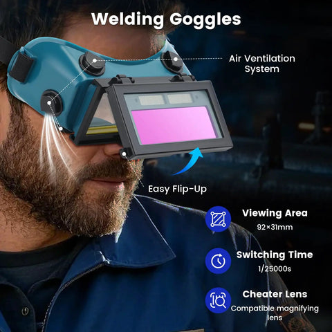 Auto Darkening Welding Goggles With Clear Inner Lenses And Flip Up Eye Pro For Welders Solar Powered ANSI Z87 Certified Durable PP And ABS Shell All Day Comfort Fit Dark Green