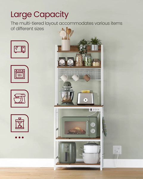 Multifunctional Bakers Rack With Built In Power Strip Microwave Stand And Coffee Station Setup Is A Straight Up Game Changer For Compact Living And Smart Kitchen Organization