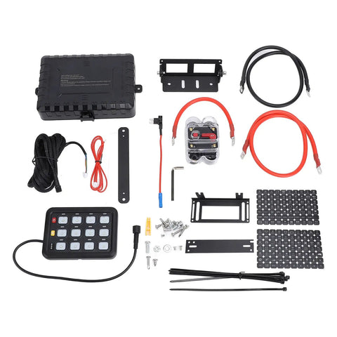 Components of 12 Gang RGB LED Switch Panel With 8 Color Modes And 5 Brightness Levels For Cars Boats And Marine Use 80A Heavy Duty IP65 Waterproof Panel Supports 960W 12V And 1920W 24V Power
